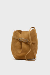 Beige Cow Suede Belted Bucket Bag